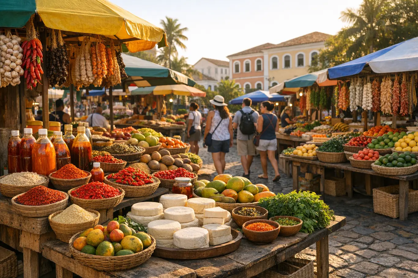 Gastronomia Raiz: Muito Além do Acarajé: Conheça os Sabores Autênticos da Bahia Mercado de rua típico da Bahia com barracas coloridas de ingredientes frescos e turistas observando