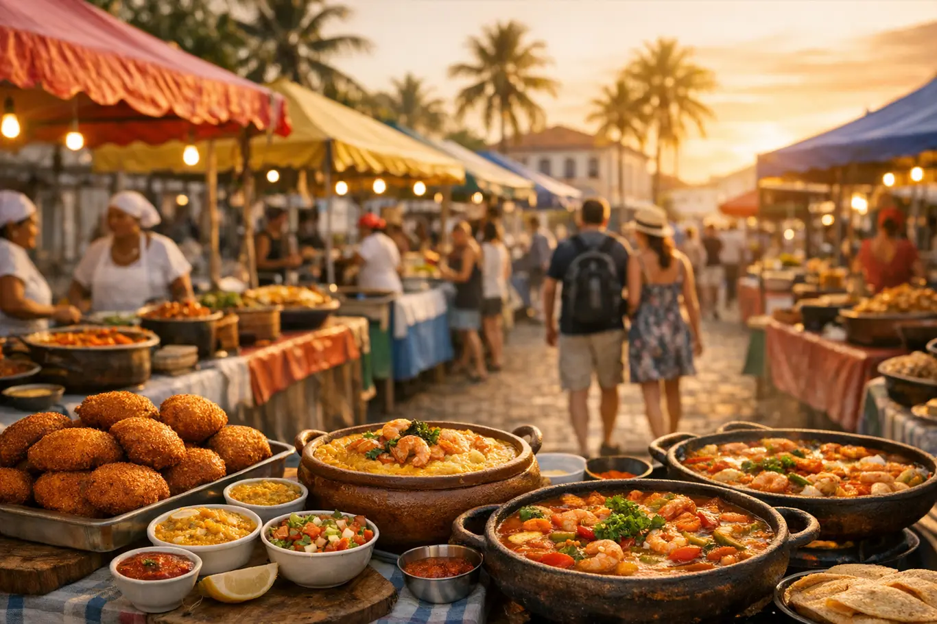 Comidas Típicas da Bahia: 12 Pratos Para Provar Entre Praias e Mercados Mercado ao ar livre na Bahia com barracas exibindo pratos típicos como acarajé, vatapá e moqueca ao entardecer