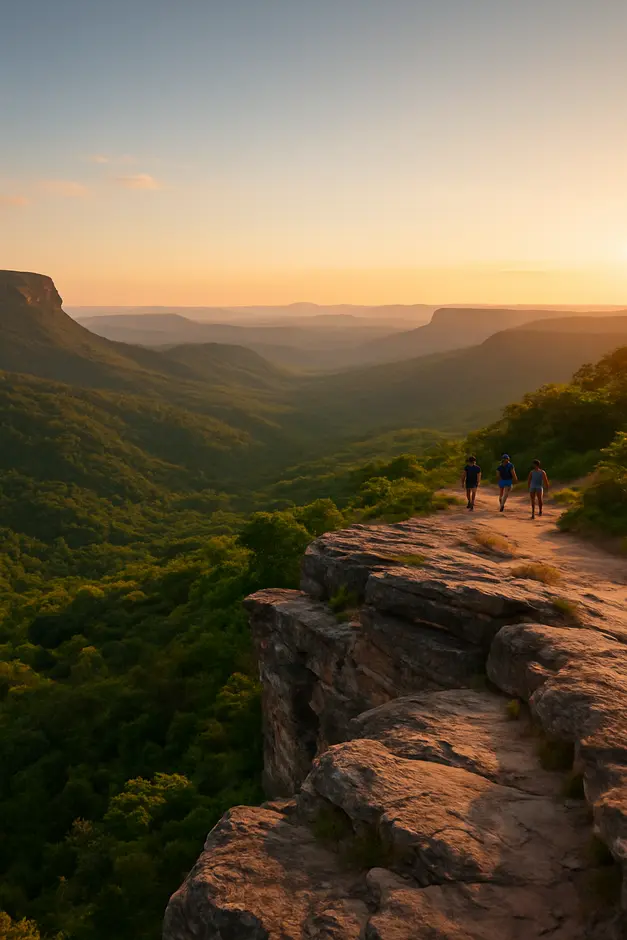 Mirante natural na Chapada Diamantina ao entardecer com serras, vales e vegetação densa
