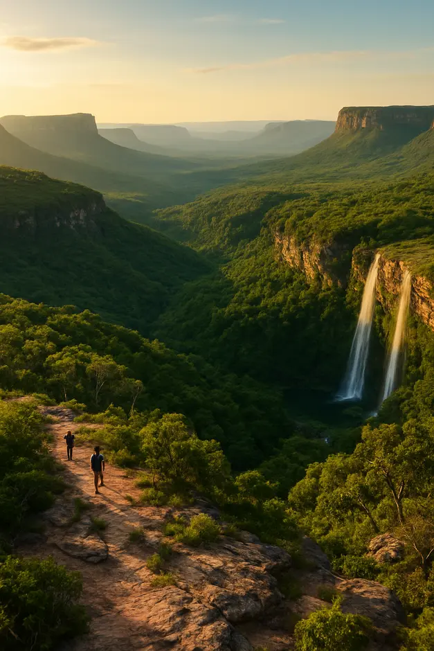 Mirante elevado na Chapada Diamantina com serras recortadas, vales verdes e cachoeiras ao fim de tarde