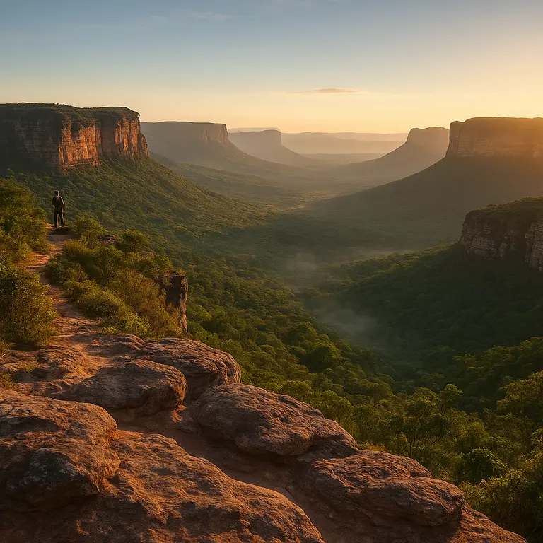Mirante natural ao amanhecer com vista ampla das rochas e vales profundos da Chapada Diamantina na Bahia