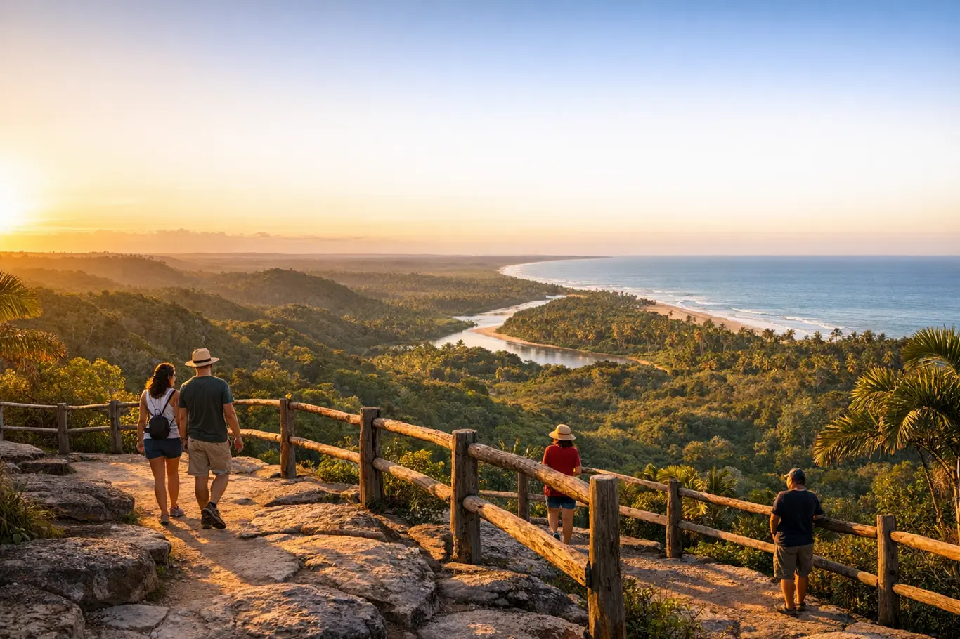 Mirantes Impressionantes da Bahia: 9 Vistas Que Vão Mudar Seu Roteiro Mirante natural na Bahia com vista panorâmica de vegetação nativa e relevo ondulado ao entardecer