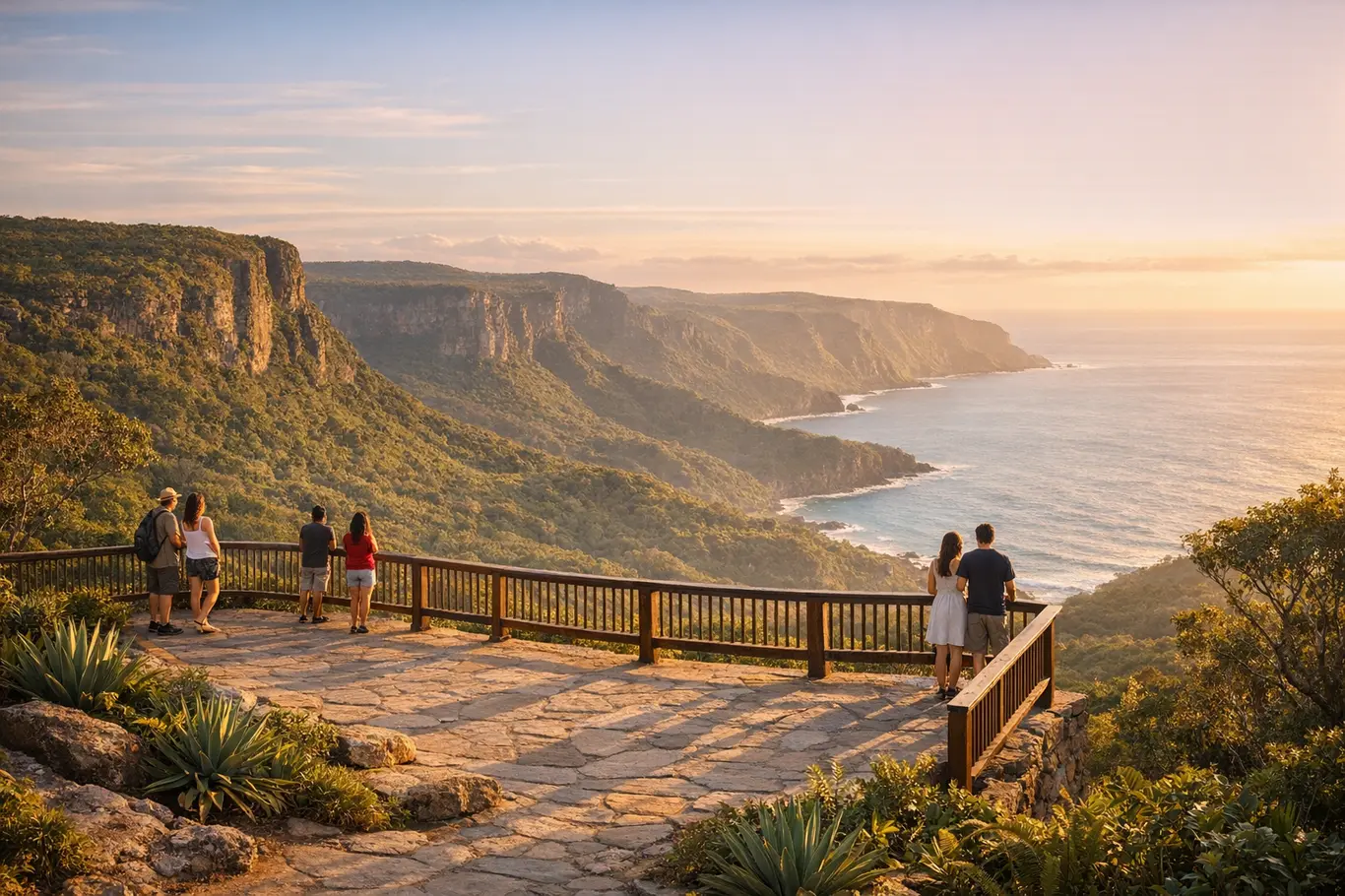 Mirantes Famosos da Bahia: 9 Vistas Que Transformam Qualquer Viagem Mirante natural na Bahia ao entardecer com turistas observando vales verdes e o oceano