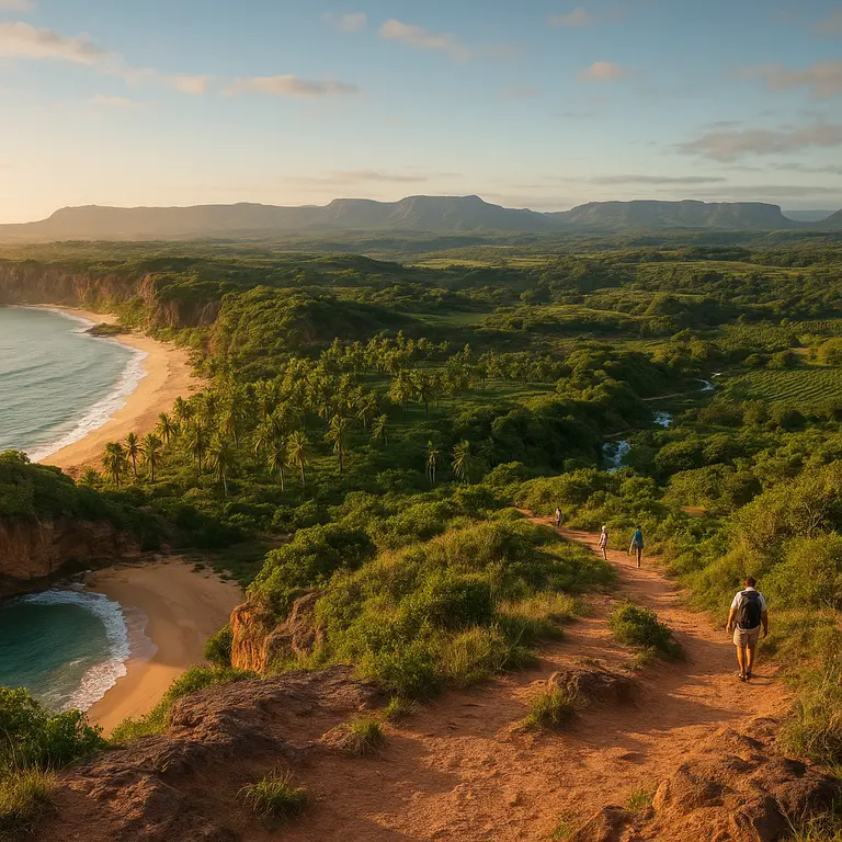 Mirante natural na Bahia ao fim da tarde com vista panorâmica de praias, falésias, coqueirais, plantações de cacau e montanhas da Chapada Diamantina ao fundo