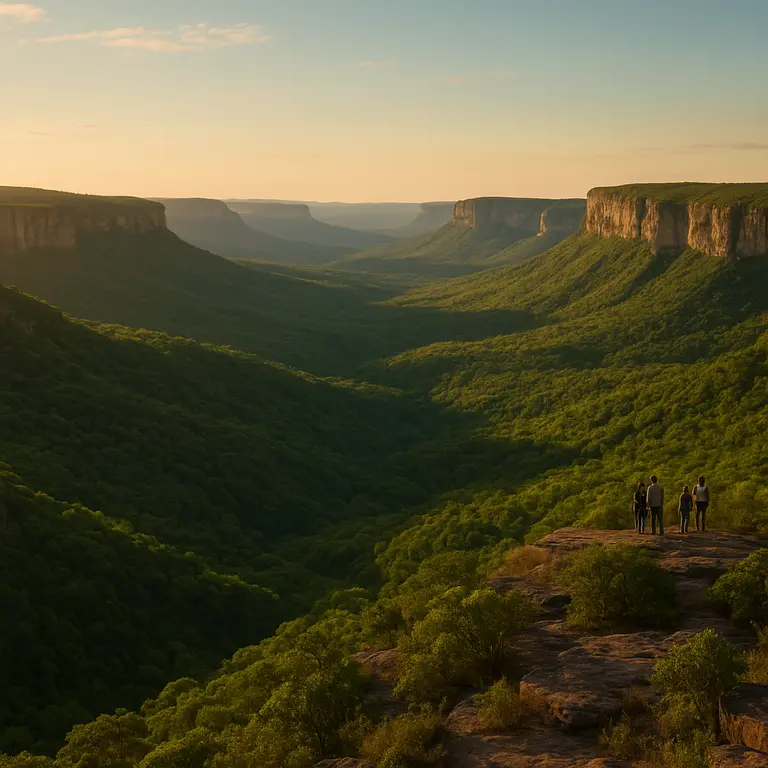 Vista panoramica aerea de mirante natural em Lencois Bahia com vales profundos e chapadoes montanhosos cobertos por vegetacao exuberante ao entardecer