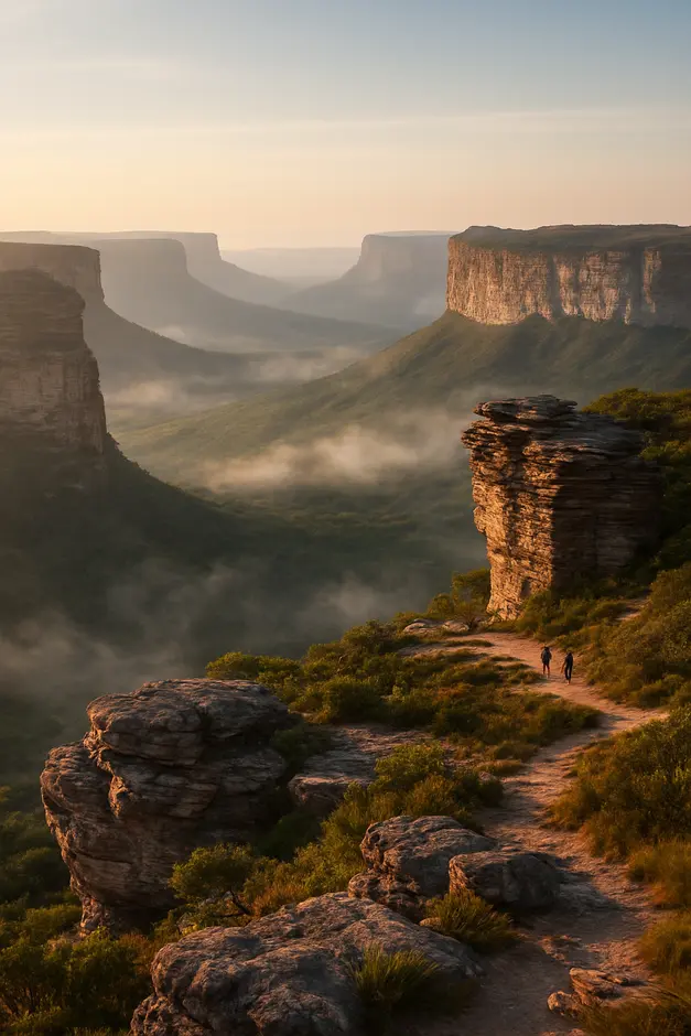 Vista panoramica do Mirante do Pai Inacio na Chapada Diamantina ao amanhecer com vales e rochas