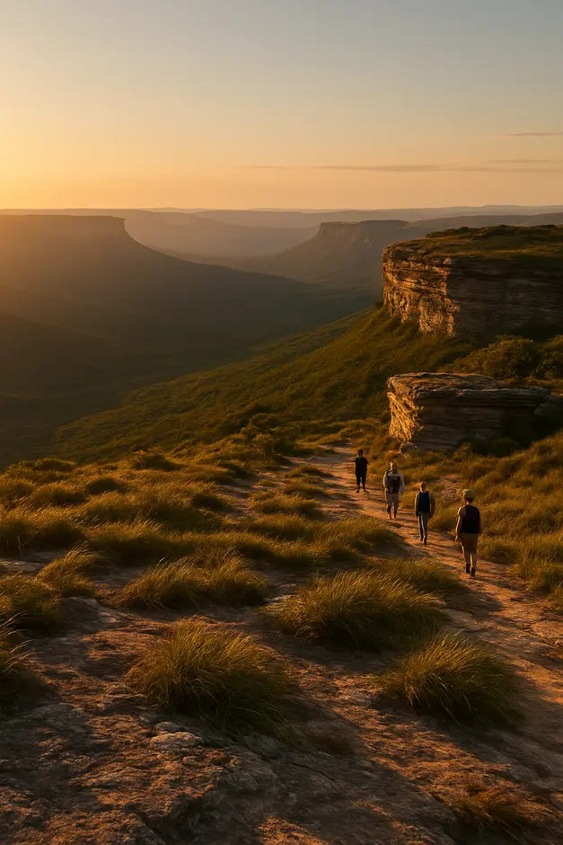 Vista panorâmica do topo do Morro do Pai Inácio na Chapada Diamantina ao pôr do sol com luz dourada iluminando pedras e vegetação ondulada pelo vento