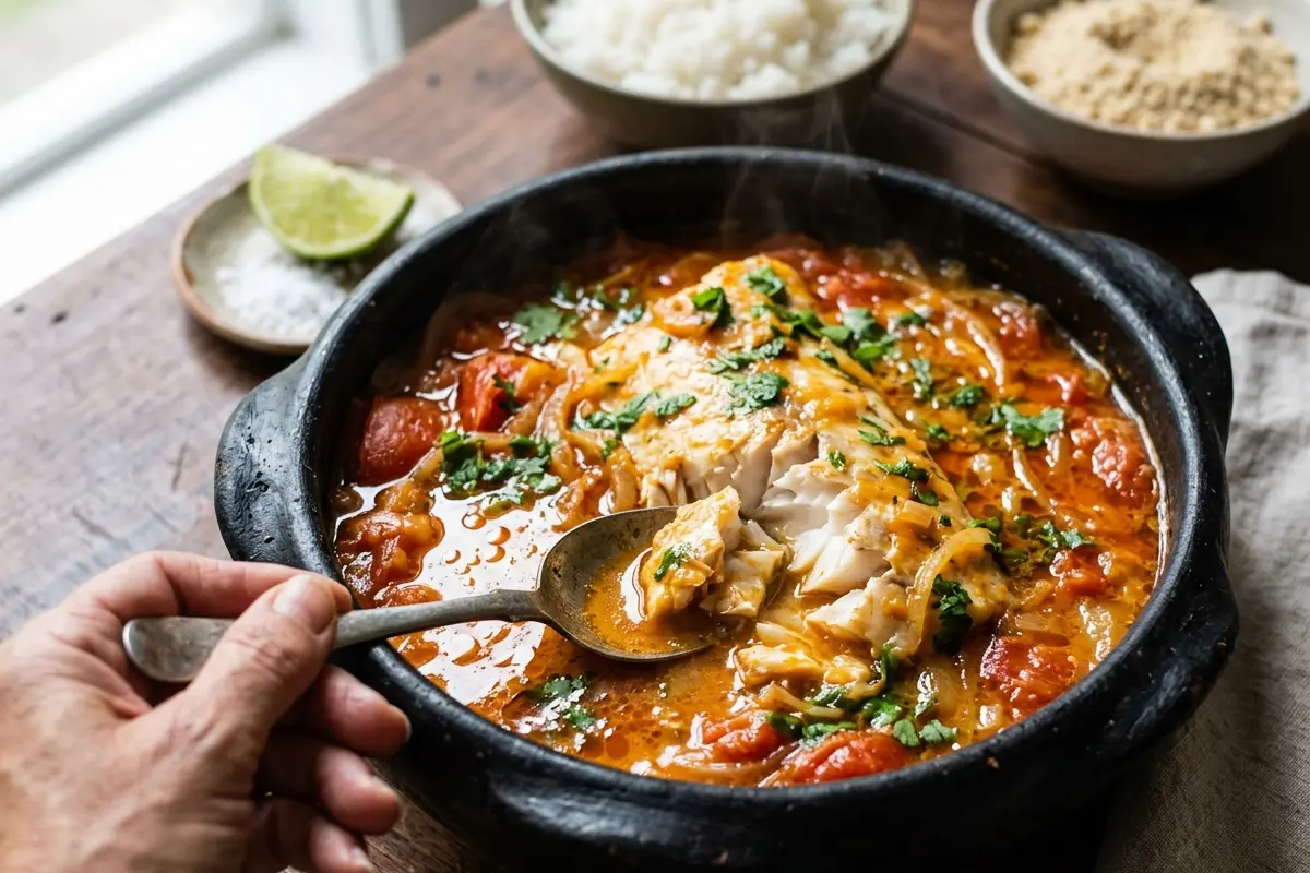 Moqueca capixaba tradicional com urucum e panela de barro sem erro Moqueca capixaba tradicional com urucum e panela de barro sem erro