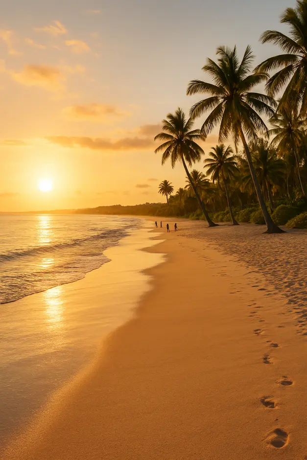 Praia de Morro de São Paulo ao entardecer com areia branca, coqueiros e mar calmo