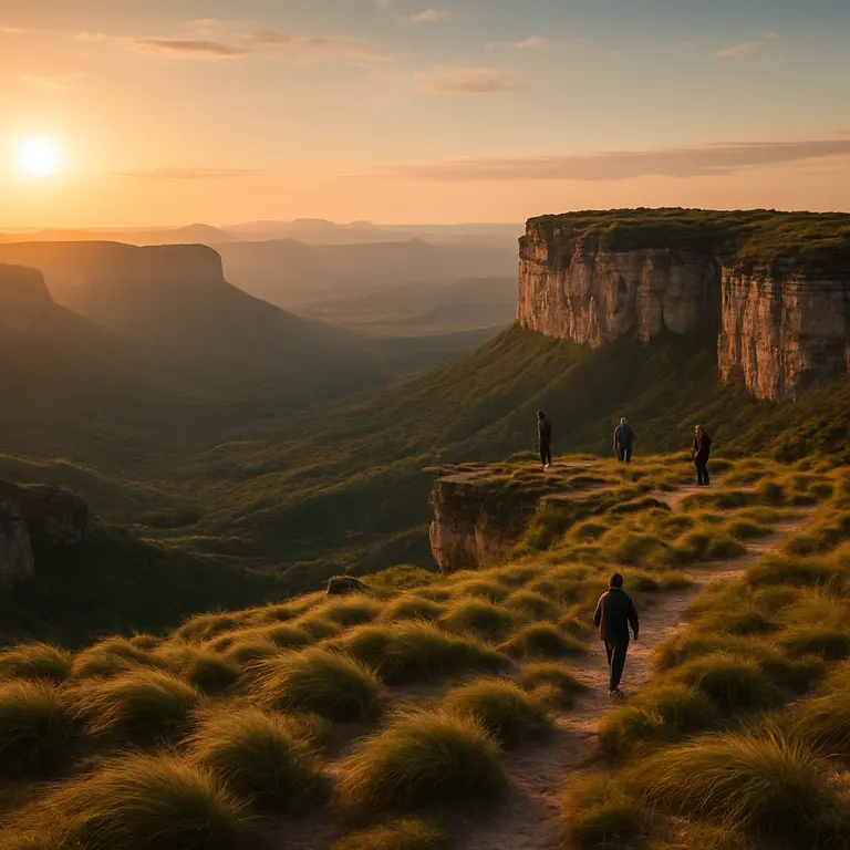 Vista panorâmica do Morro do Pai Inácio na Chapada Diamantina ao pôr do sol, mostrando vales profundos, cânions e a Serra do Sincorá