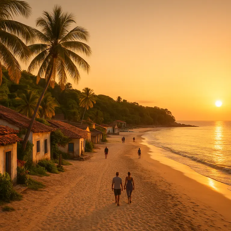 Vila litorânea tranquila de Morro de São Paulo com casas pequenas e caminhos de areia ao entardecer na Segunda Praia