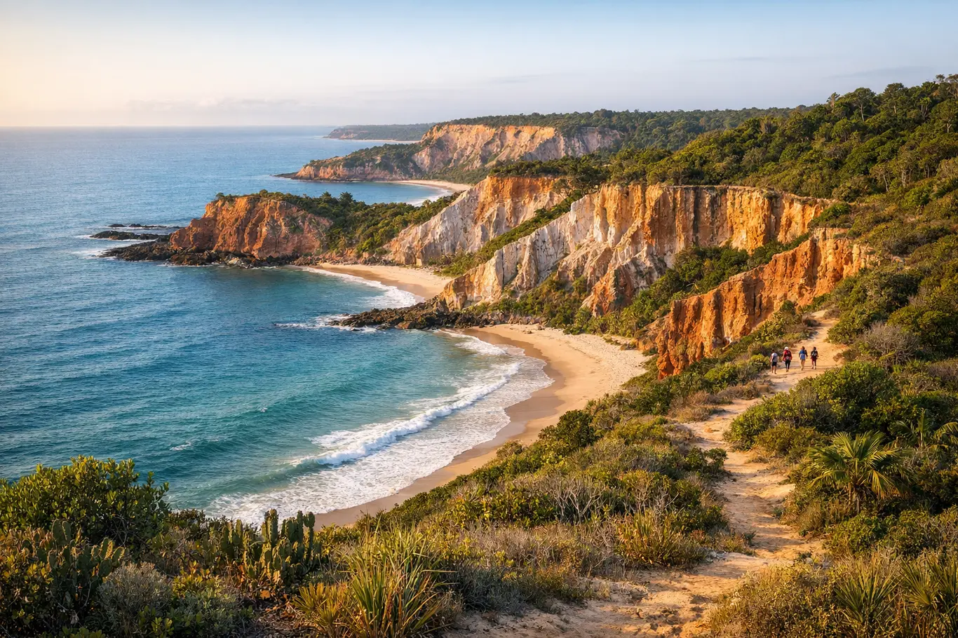 Lugares Pouco Conhecidos na Bahia Que Parecem Segredos à Beira-Mar Vista panorâmica de enseadas e falésias dramáticas à beira-mar com vegetação nativa e praias desertas na Bahia