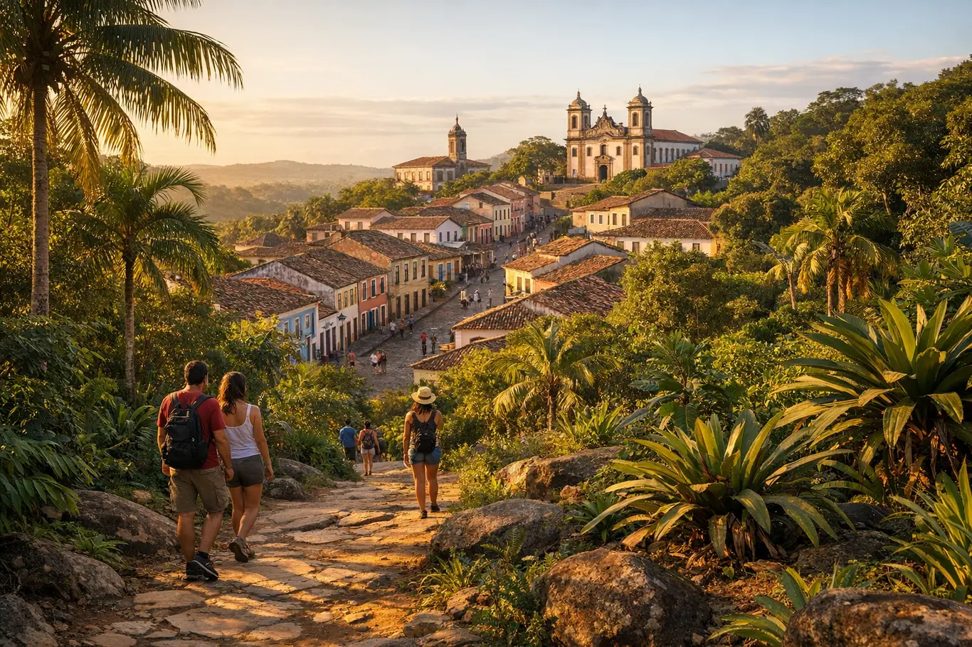 Você Sabia? 10 Curiosidades Que Poucos Sabem Sobre a Bahia e Sua História Trilha cercada por vegetação tropical na Bahia com cidade histórica colonial ao fundo