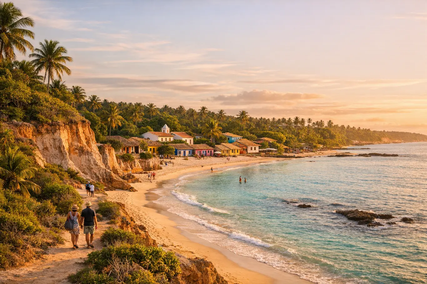 Histórias da Bahia Que Poucos Conhecem: Praias, Cachoeiras e Vilarejos Praia paradisíaca com areia branca e água cristalina e vilarejo colonial colorido ao fundo na Bahia