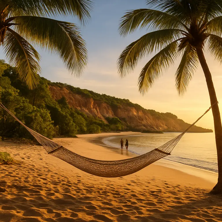 Vista panoramica de praia com cachoeira e mirante na Bahia