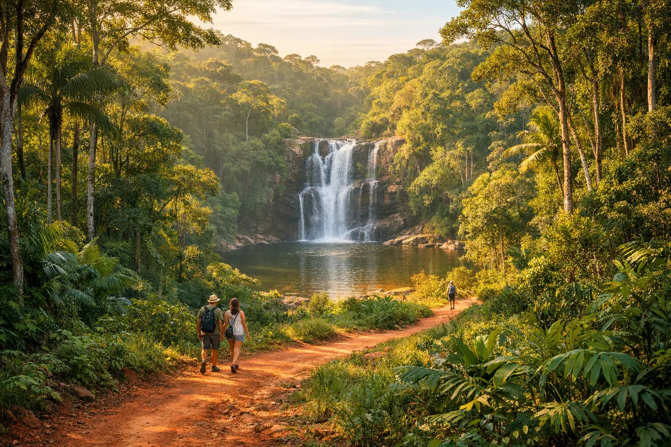 Natureza Viva: Histórias Misteriosas da Natureza na Bahia Que Vão Te Impressionar Trilha de terra vermelha em mata atlântica da Bahia com cachoeira ao fundo e turistas caminhando