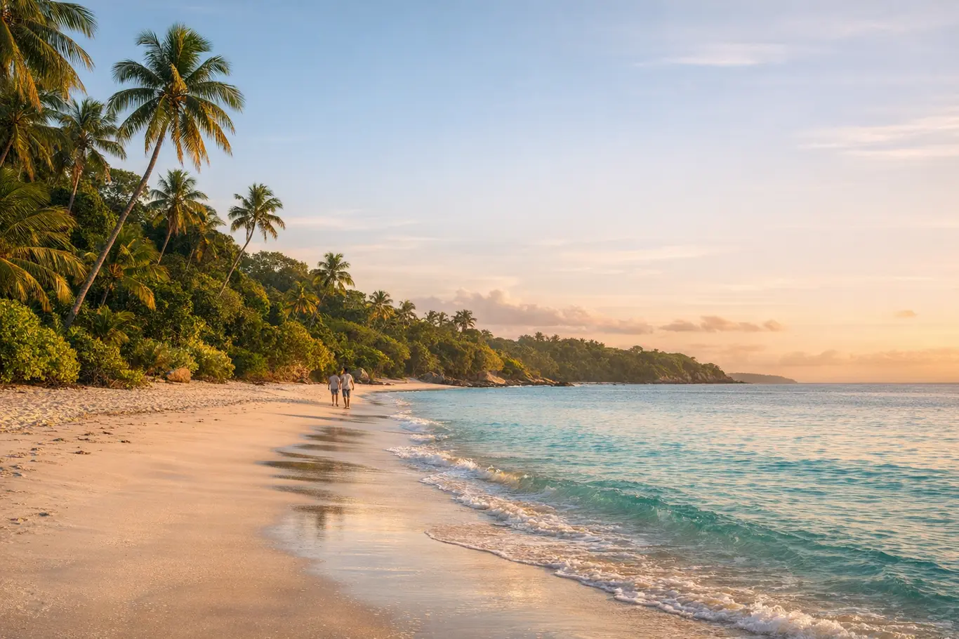 Roteiro de Casal: Lugares Encantadores para Uma Viagem Romântica Inesquecível na Bahia Casal caminhando à distância em praia paradisíaca da Bahia ao entardecer com mar cristalino e vegetação tropical