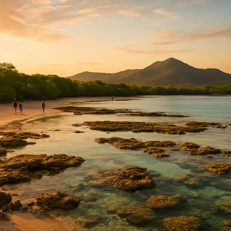 Praia paradisíaca da Bahia com piscinas naturais e manguezais ao entardecer