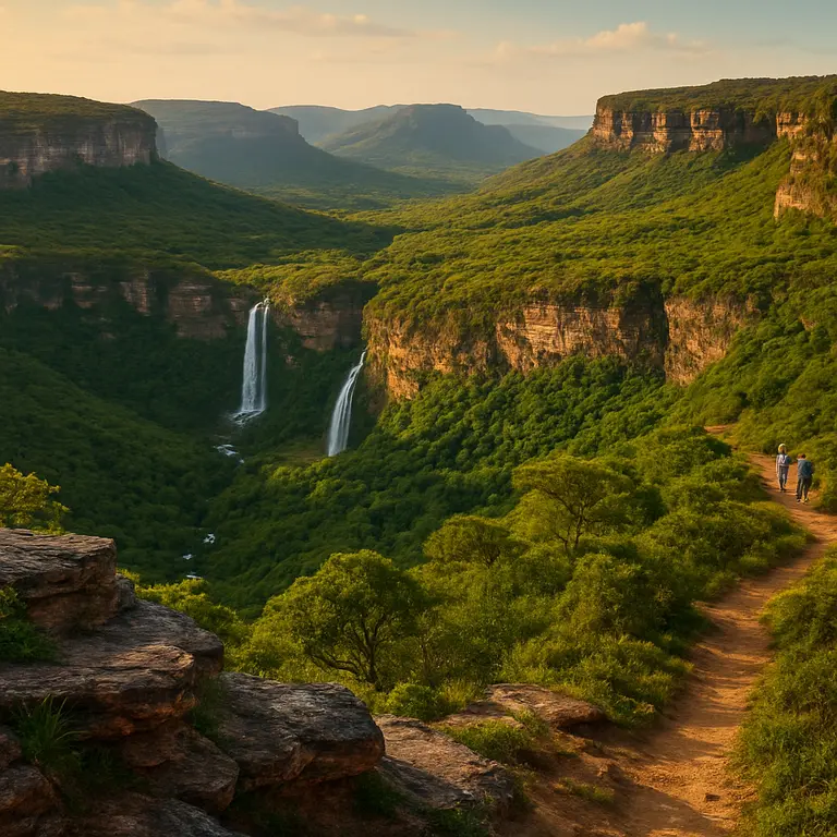 Vista panorâmica do mirante da Chapada Diamantina ao fim da tarde com serras recortadas, vales verdes, cachoeiras e trilhas rústicas