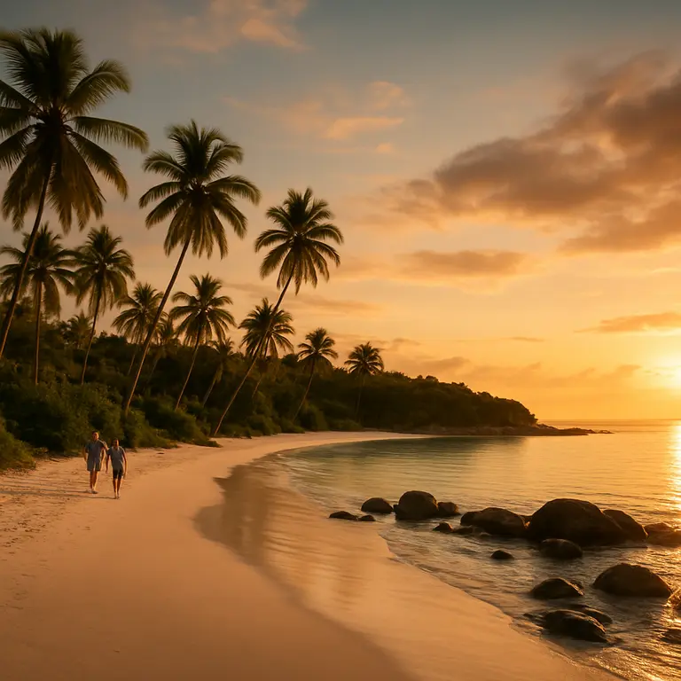 Panorâmica da costa da Bahia ao entardecer com praia deserta areia branca coqueiros e rochedos naturais