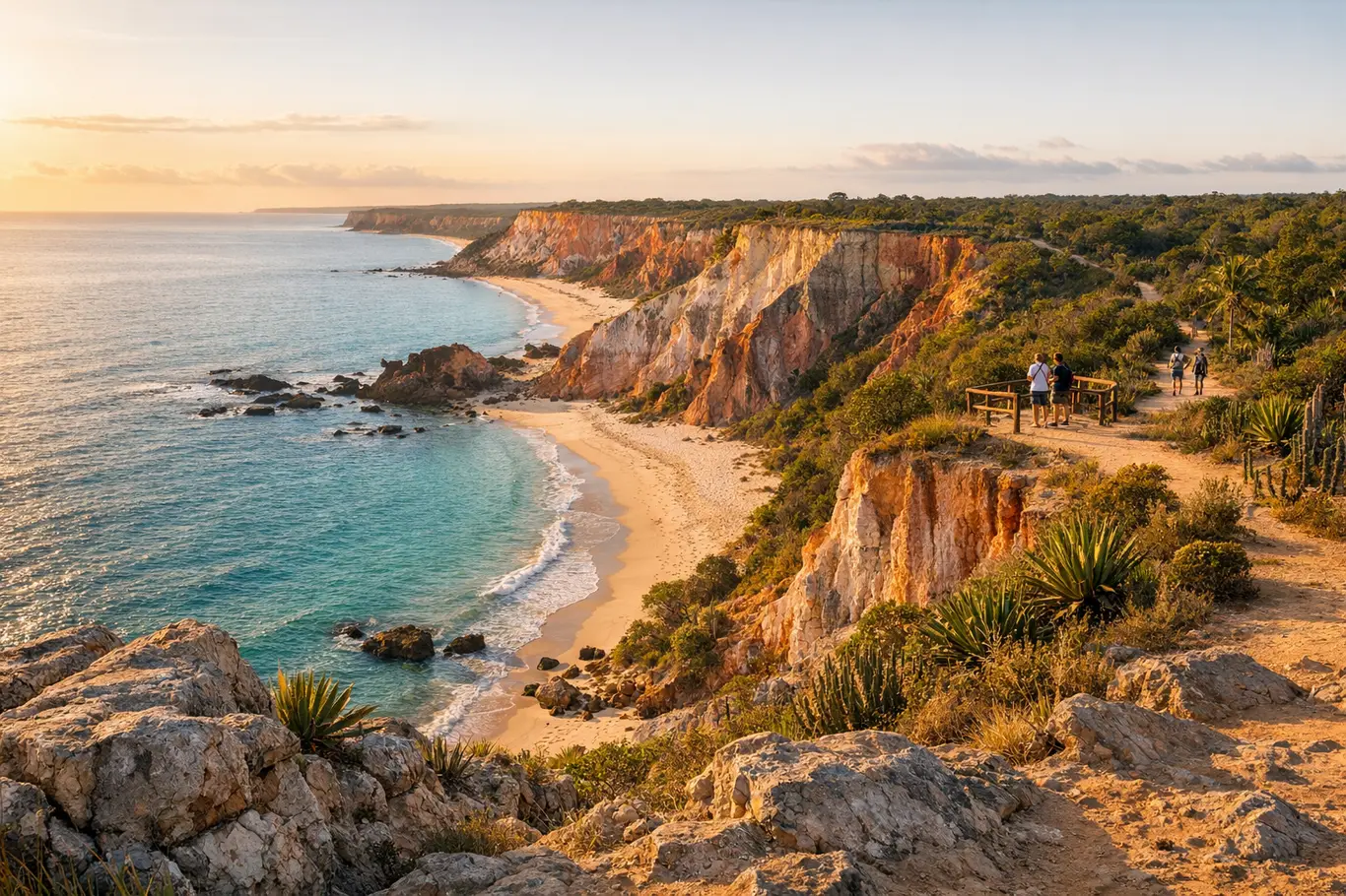 Paisagens Impressionantes da Bahia: 12 Lugares Pouco Conhecidos Para Visitar Vista ampla de paisagem natural da Bahia com falésias, vegetação nativa e praias desertas ao entardecer