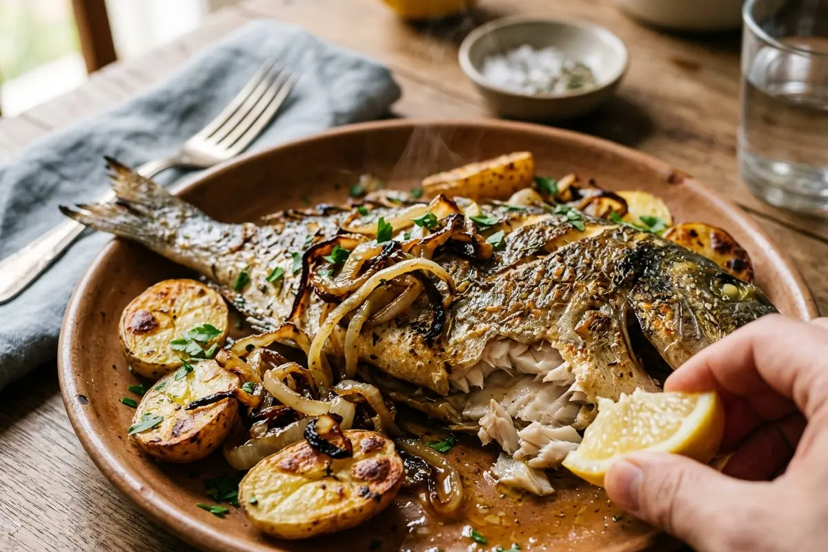 Peixe assado com batata e cebola o segredo da cama de cebolas para não grudar Peixe assado com batata e cebola o segredo da cama de cebolas para não grudar