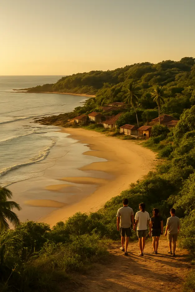 Península no litoral sul da Bahia com vilarejo rústico próximo ao mar e bancos de areia na praia ao entardecer