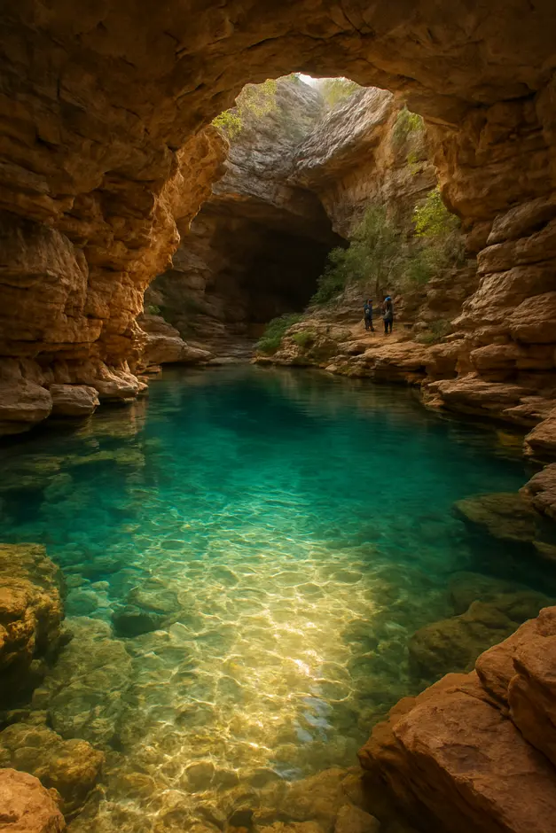 Poço cristalino azul com luz dourada natural em caverna rochosa na Chapada Diamantina Bahia