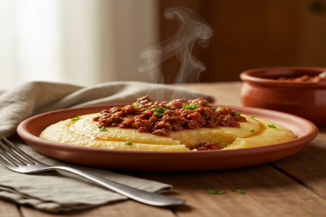 Polenta mole com ragu de carne moída: sustança e sabor em um só prato Polenta mole com ragu de carne moída: sustança e sabor em um só prato