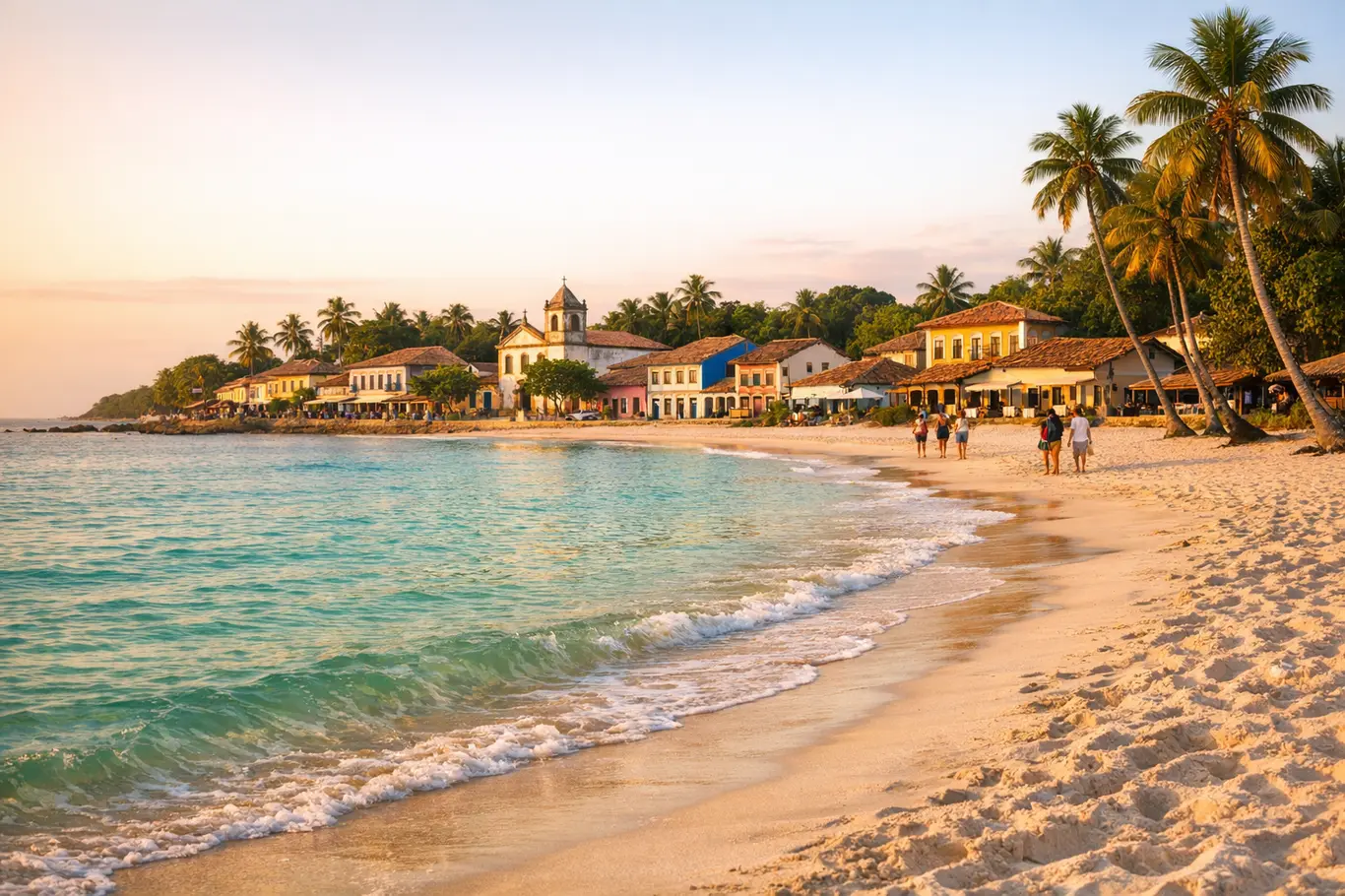 Histórias Curiosas da Bahia: Praias, Casarios e Sabores Pouco Conhecidos Praia paradisíaca da Bahia ao entardecer com areia branca e casarios coloniais coloridos ao fundo
