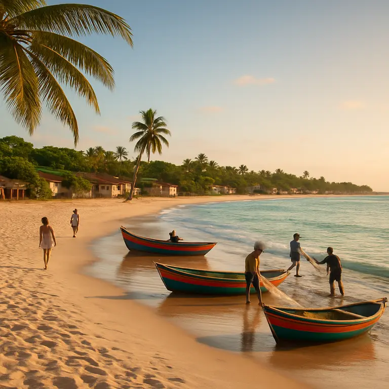 Praia paradisíaca na Bahia com areia branca, mar calmo, coqueiros e jangadas à beira da água ao entardecer