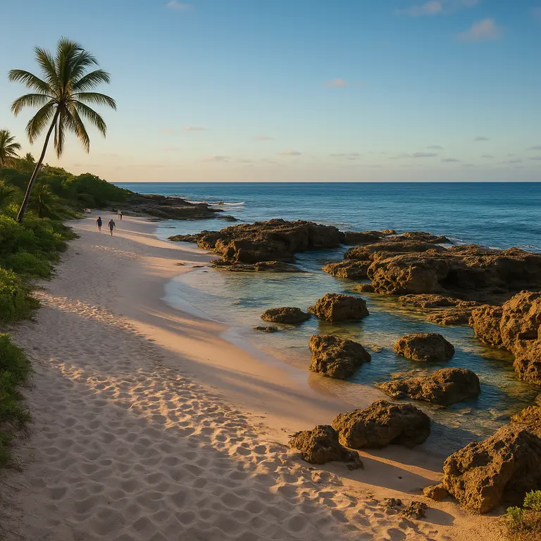 Praia branca deserta com formações rochosas, piscinas naturais e coqueiros ao entardecer