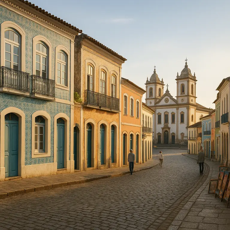 Vista panorâmica de praia com cachoeira e casarios coloridos na Bahia