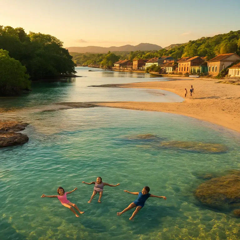 Praia com águas cristalinas, cachoeira ao fundo e trilha verde