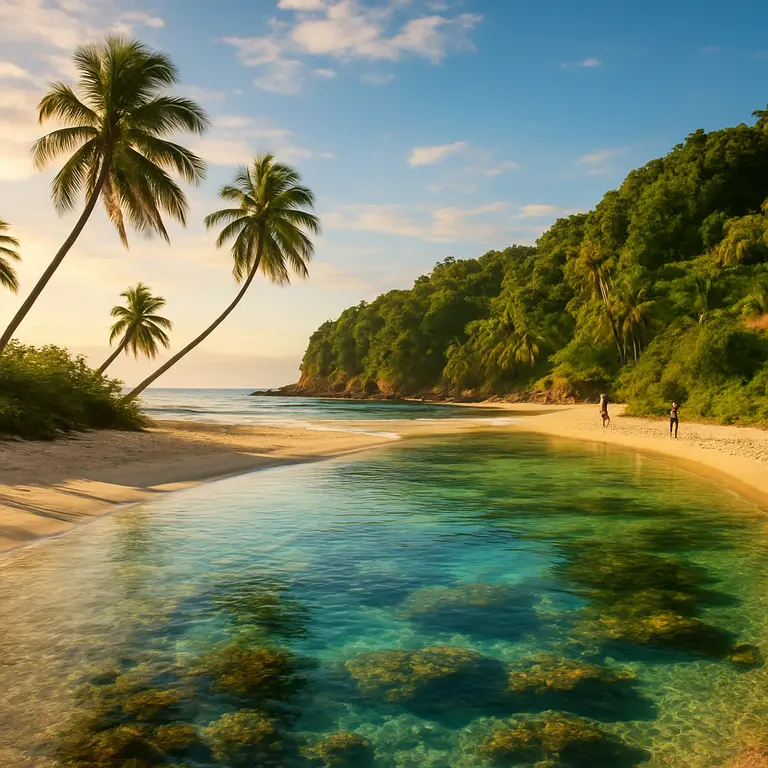 Praia deserta com água cristalina e cachoeira ao fundo na Bahia