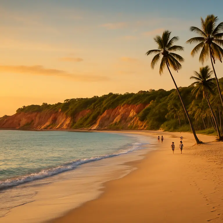 Praia deserta com cachoeira ao fundo em área de vegetação na Bahia