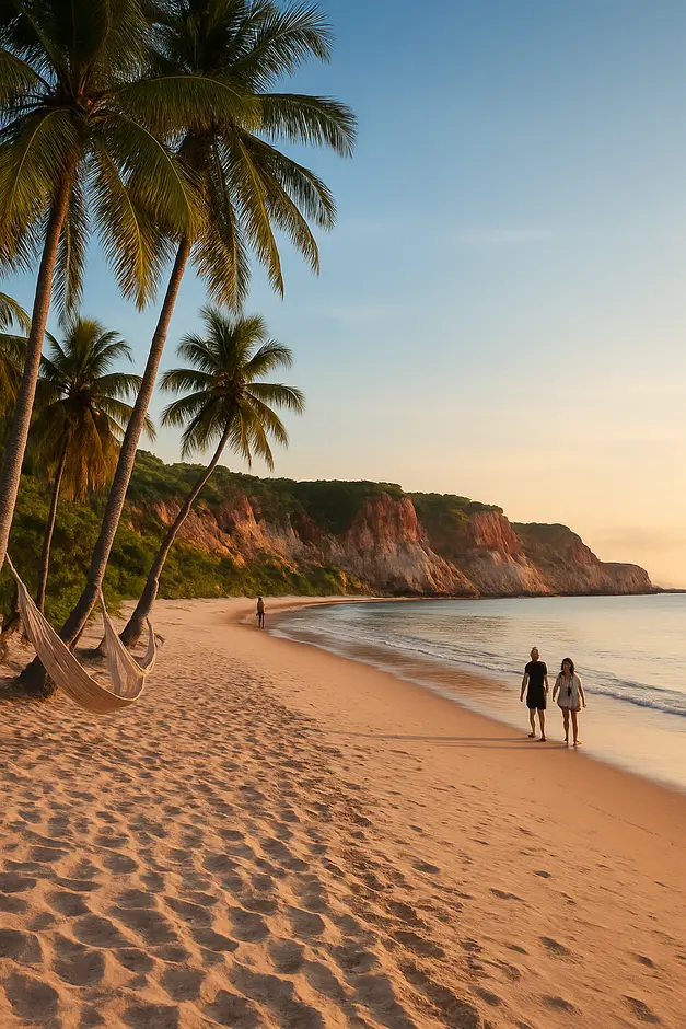 Praia escondida no litoral da Bahia ao entardecer com areia clara, coqueiros altos e falésias coloridas ao fundo