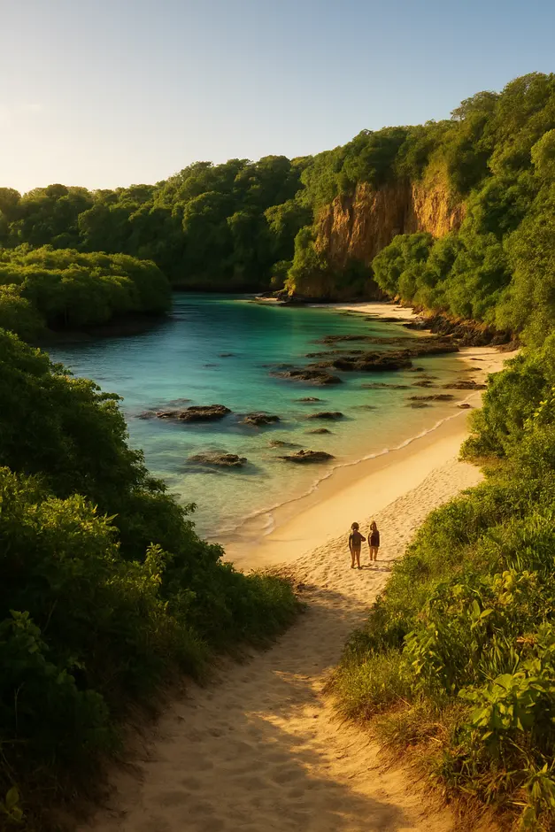 Vista panorâmica de praia escondida no sul da Bahia com falésias, manguezais e piscinas naturais ao entardecer