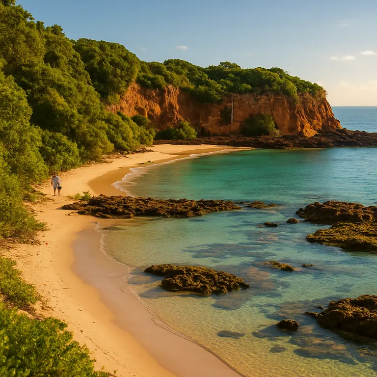 Vista panoramica de praia escondida com areia branca e mar calmo no sul da Bahia