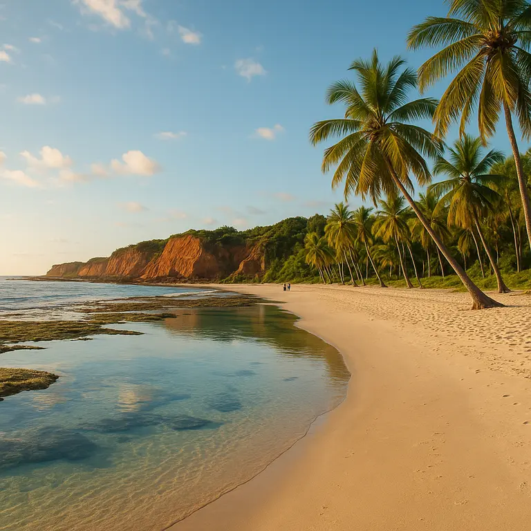Vista panorâmica da Praia do Espelho na Bahia ao fim de tarde com falésias avermelhadas, piscinas naturais cristalinas, areia branca e coqueiros