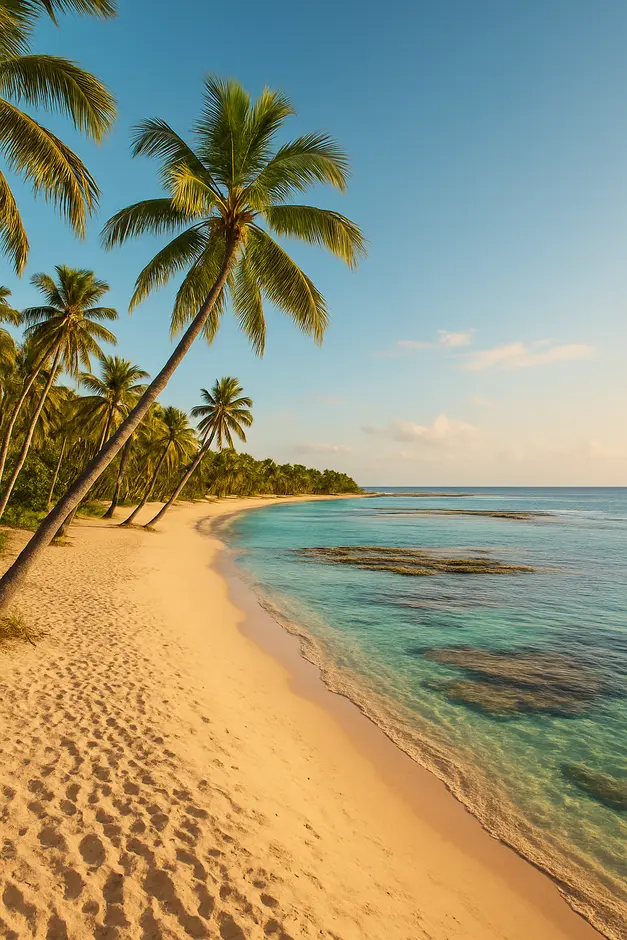Vista panorâmica da Praia do Espelho na Bahia ao entardecer com coqueiros inclinados e águas cristalinas