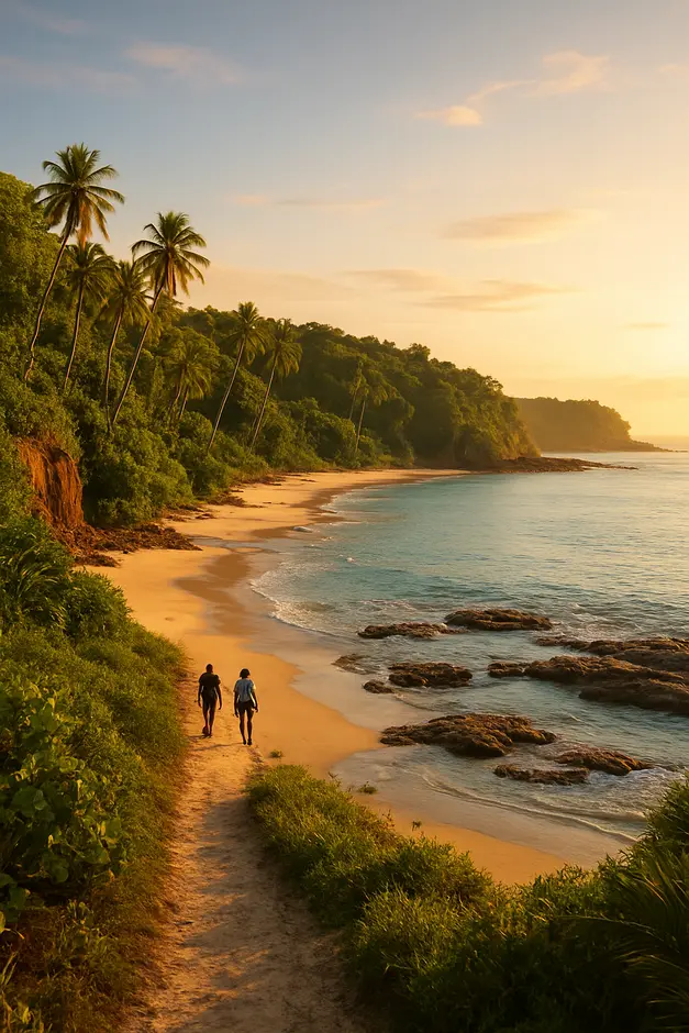 Vista panoramica da Praia de Jeribucacu e Praia da Engenhoca em Itacare com mar cristalino, falésias avermelhadas e coqueirais ao entardecer