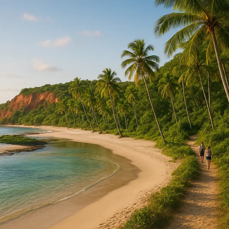 Faixa de areia branca da Praia Jeribucaçu em Itacaré com coqueirais, falésias avermelhadas e mar cristalino azul esverdeado ao entardecer