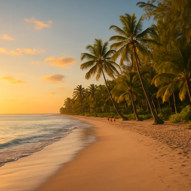 Praia de Morro de São Paulo ao fim da tarde com faixa de areia clara, coqueiros e mar calmo refletindo o pôr do sol