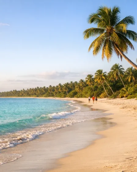 Destinos Paradisíacos na Bahia Que Você Ainda Não Conhece: Praias e Cachoeiras Praia paradisíaca na Bahia com areia branca e mar azul turquesa ao entardecer