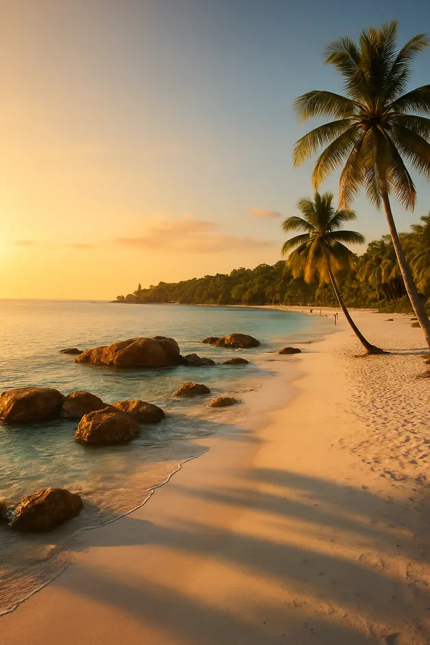 Vista panorâmica de praia paradisíaca na Bahia ao entardecer com coqueiros e formações rochosas