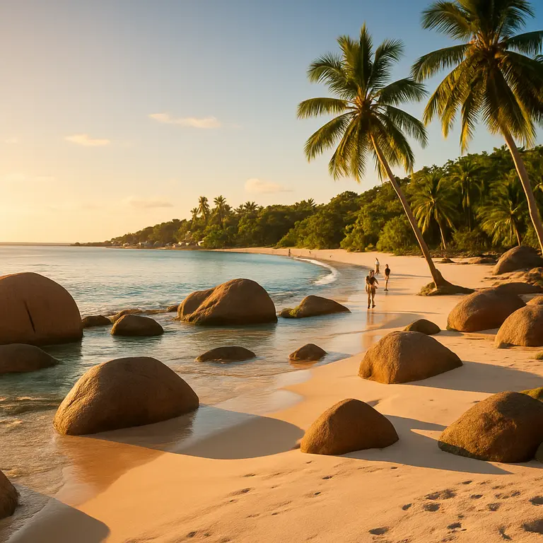 Praia paradisíaca da Bahia ao entardecer com areia branca, pedras esculturais, água cristalina e coqueiros altos
