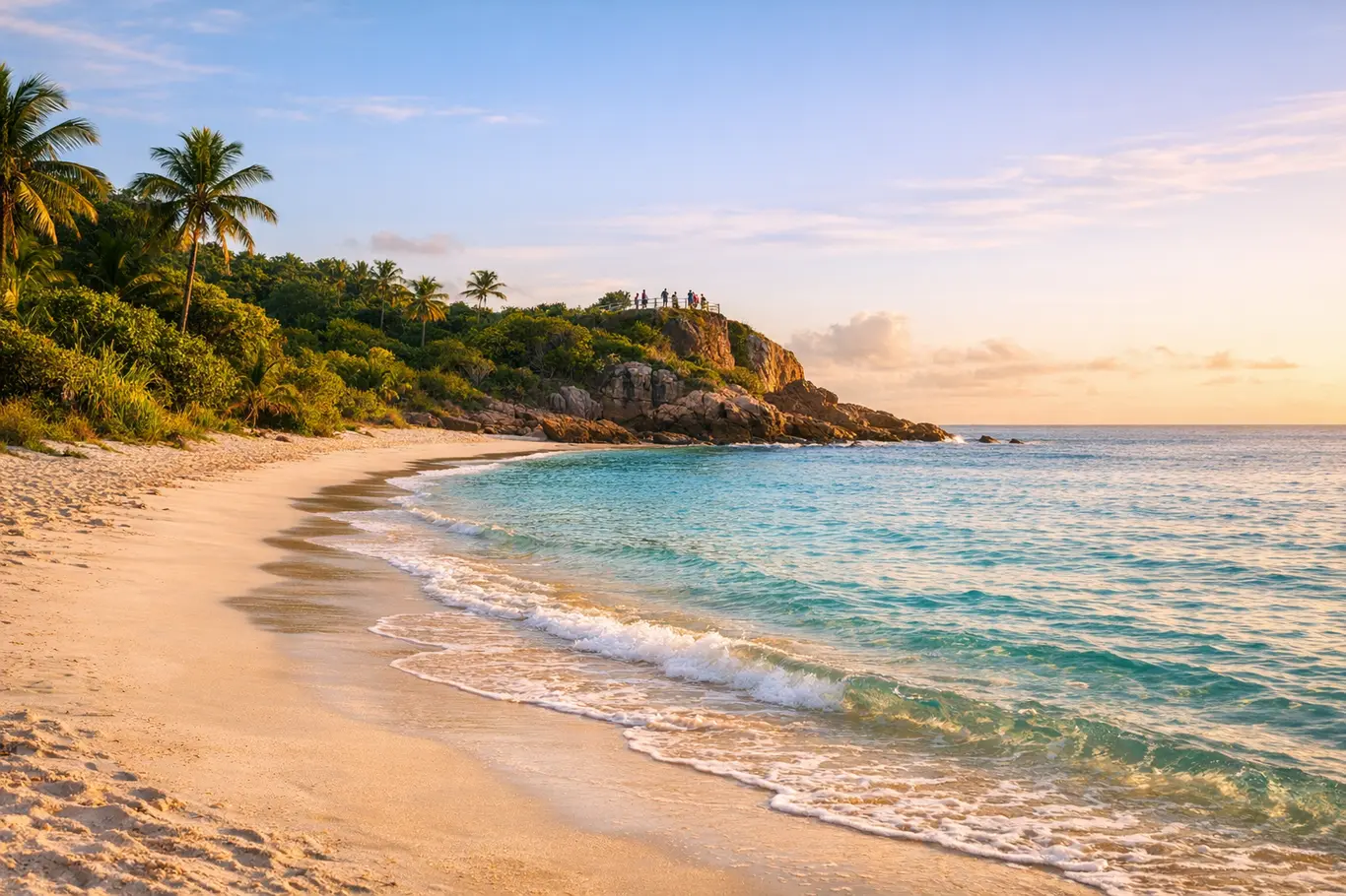 10 Destinos Para Conhecer na Bahia Entre Praias, Cachoeiras e Cidades Vista panorâmica de praia paradisíaca na Bahia ao entardecer com mar cristalino e mirante rochoso