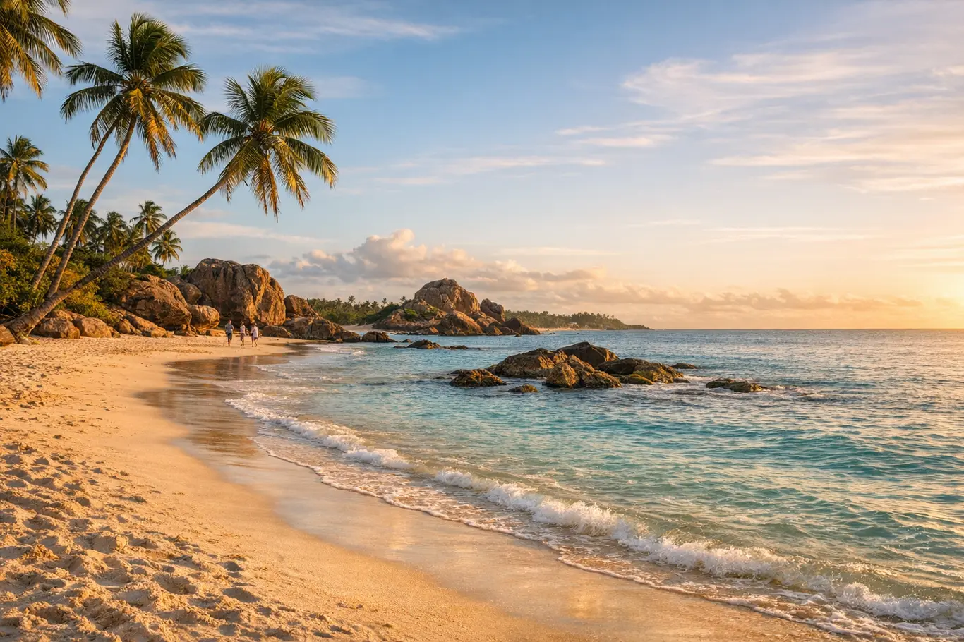 Pé na Areia: Descubra as Praias que Parecem Cenário de Filme na Bahia para Suas Próximas Férias Praia paradisíaca da Bahia ao entardecer com areia branca, mar cristalino e coqueiros inclinados