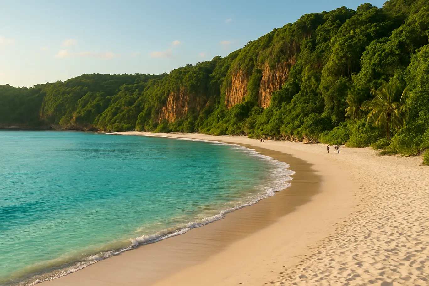Longe das Multidões: 5 Lugares Paradisíacos Escondidos na Bahia Que Você Precisa Visitar Praia paradisíaca na Bahia com areia branca, águas cristalinas e falésias com vegetação exuberante ao fim de tarde